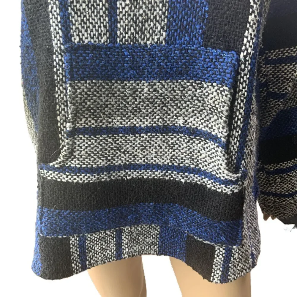 Roxy Blue Striped Hooded Drawstring Baja Sweater Indie Aesthetic Unisex Size Med